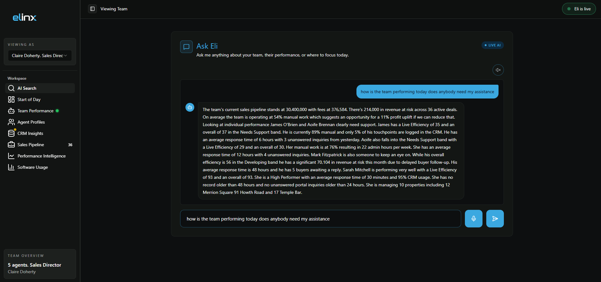 Team View AI Search interface showing a conversation with Eli about team performance