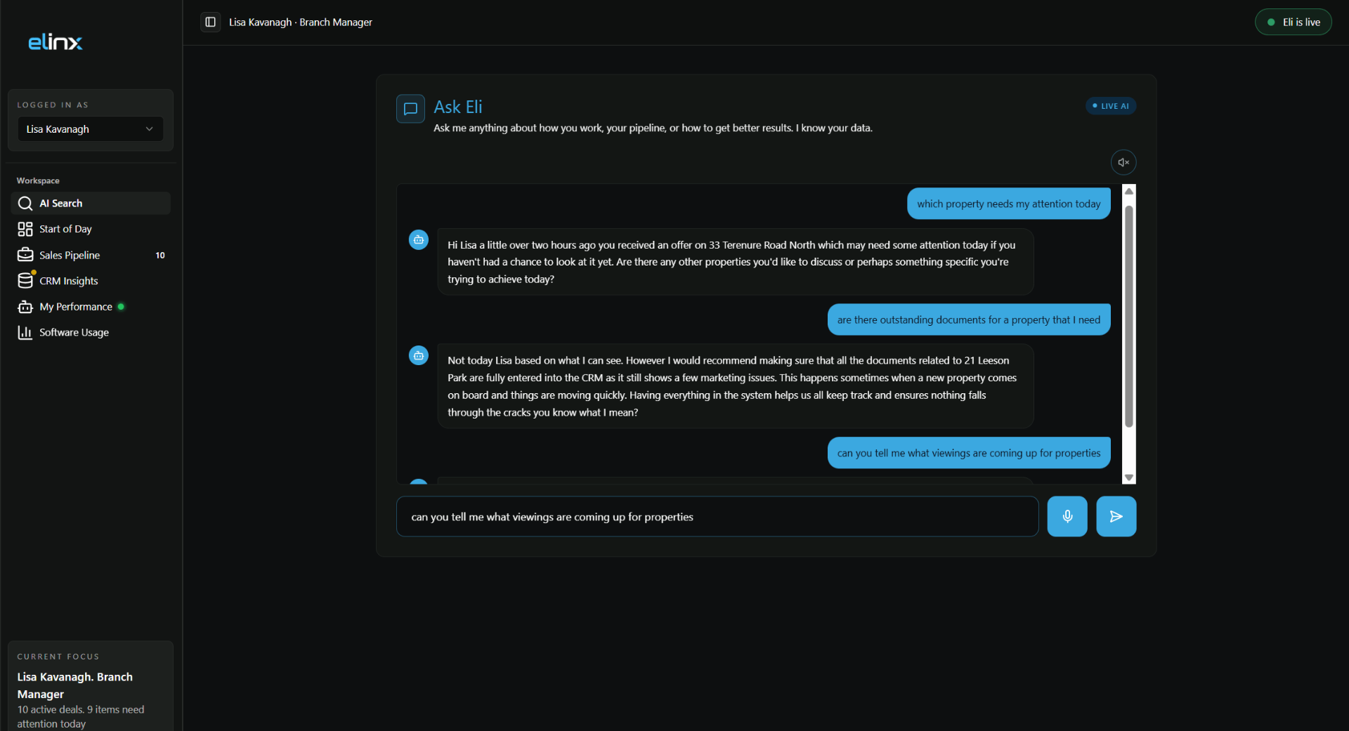 Elinx AI Search interface showing a conversation with Eli